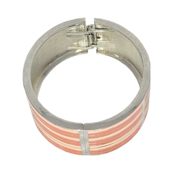 Pink Striped Wide Clamper Bracelet 7"  Silver Tone Bangle - Picture 5 of 10